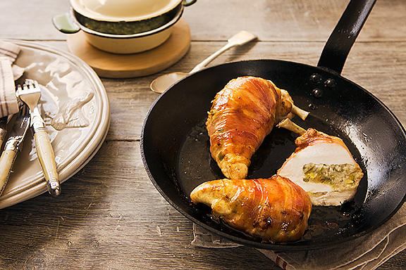Prosciutto Wrapped Frenched Chicken Breasts Filled With A Buttery Leek Stuffing
